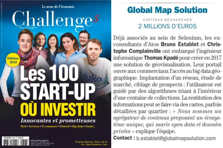 Global Map, dans le TOP 100 des start-ups où investir du magazine Challenges