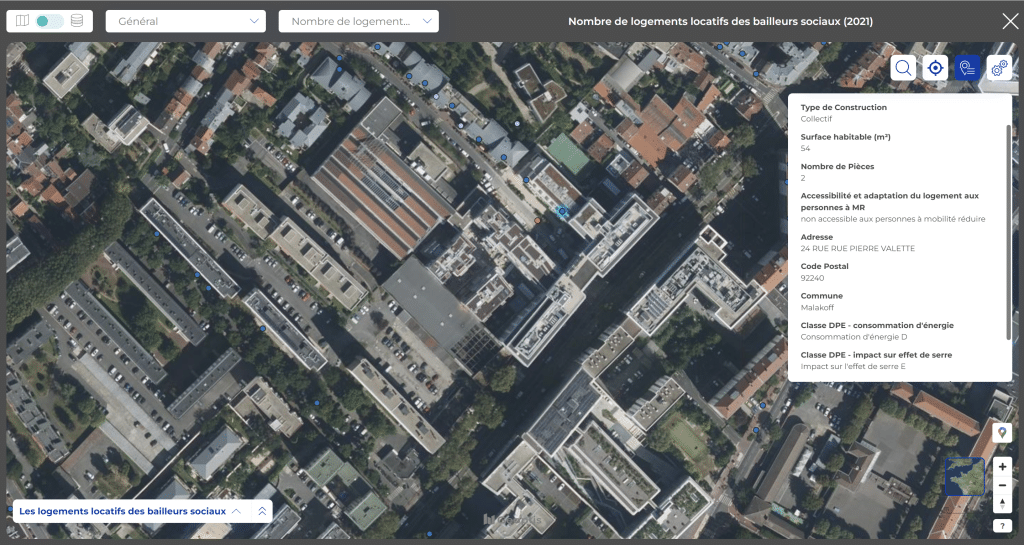 Dans Geoptis Solution, bénéficiez de la possibilité d'importer et de visualiser les données de votre patrimoine immobilier sur une carte, que ce soit sous forme de plan détaillé ou de vue StreetView. Explorez facilement et visuellement votre patrimoine immobilier grâce à cette fonctionnalité intuitive, offrant une perspective précise et immersive de votre portefeuille immobilier.