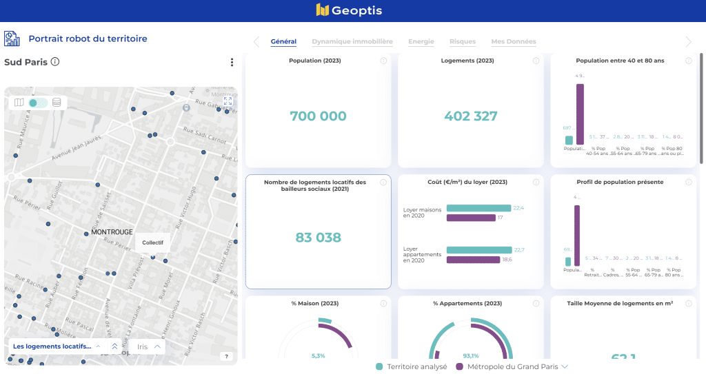 Découvrez une carte interactive présentant les logements sociaux dans la région Sud de Paris. Cette Iframe permet d'explorez les données démographiques, le profil de la population, le nombre total de logements, le nombre de logements sociaux en location, les prix des loyers, la répartition entre maisons et appartements, ainsi que la taille moyenne des logements disponibles dans cette zone.