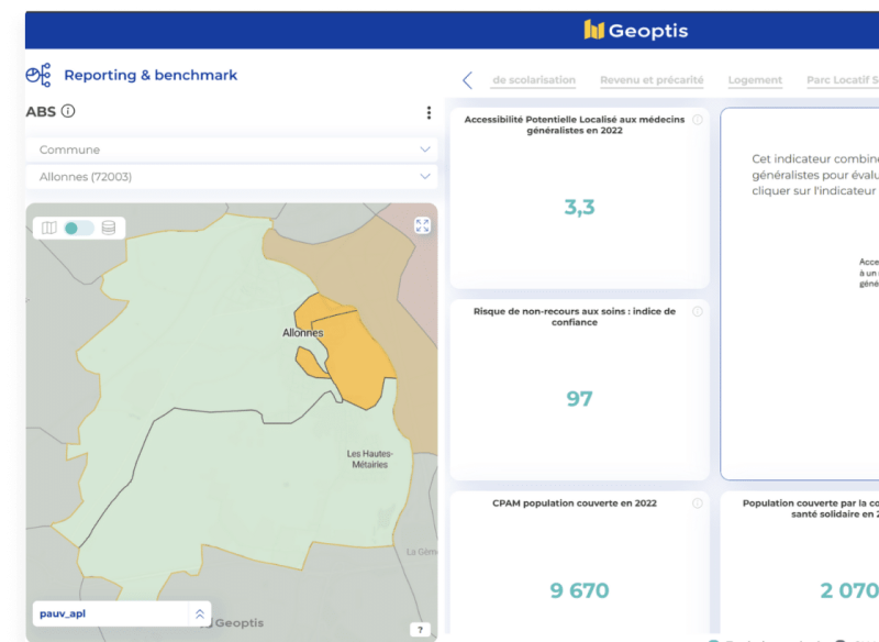 Vue d'un écran avec carte d'une ville, différents quartiers de couleur différentes