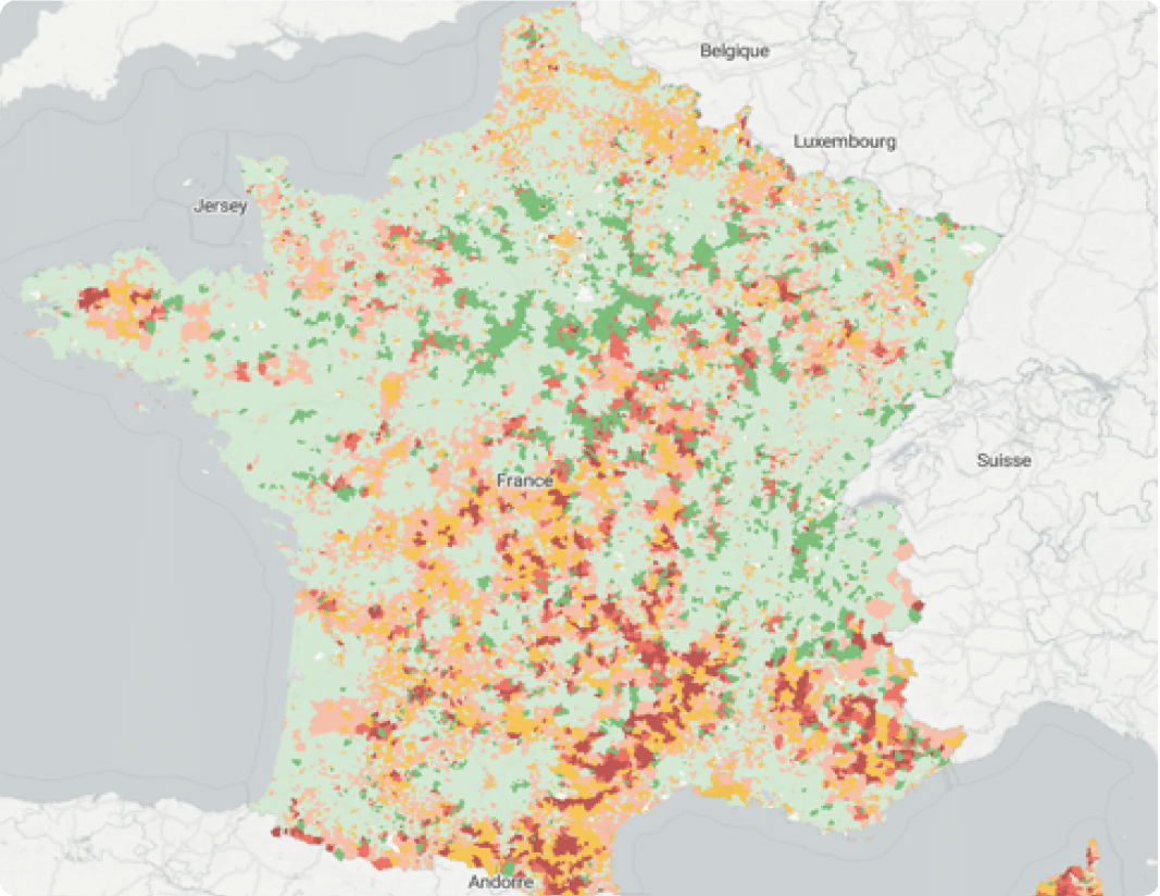 carte de France montrant en rouge les territoires avec le plus de risque de non-recours aux soins de santé