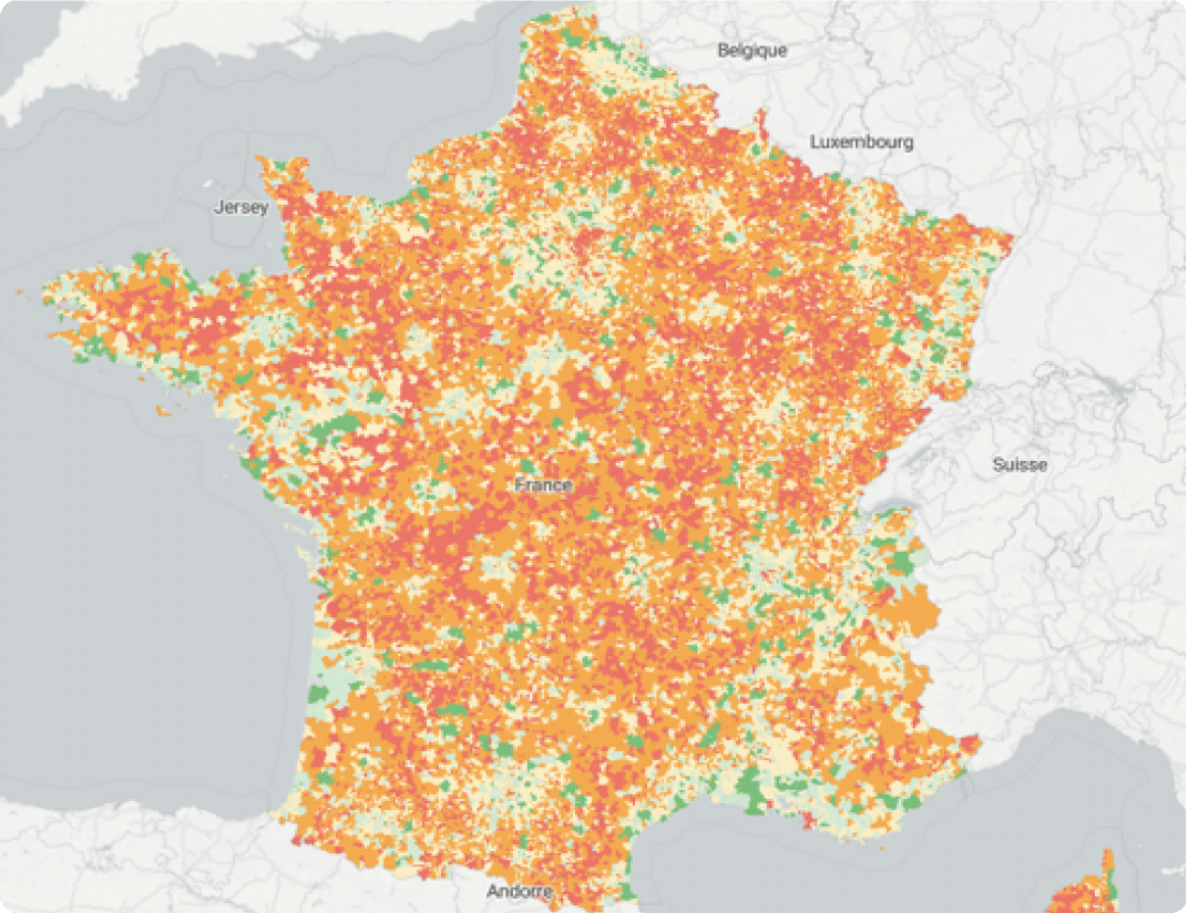 carte de France montrant en rouge les territoires avec le plus de risque de non-recours aux prestations sociales