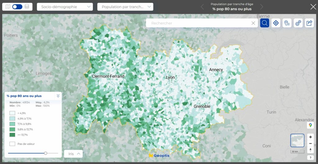 région AURA - population 80 ans et plus