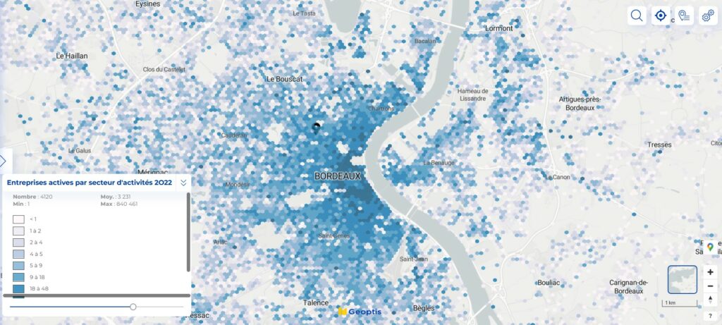 Densité d'entreprises actives dans le centre de Bordeaux