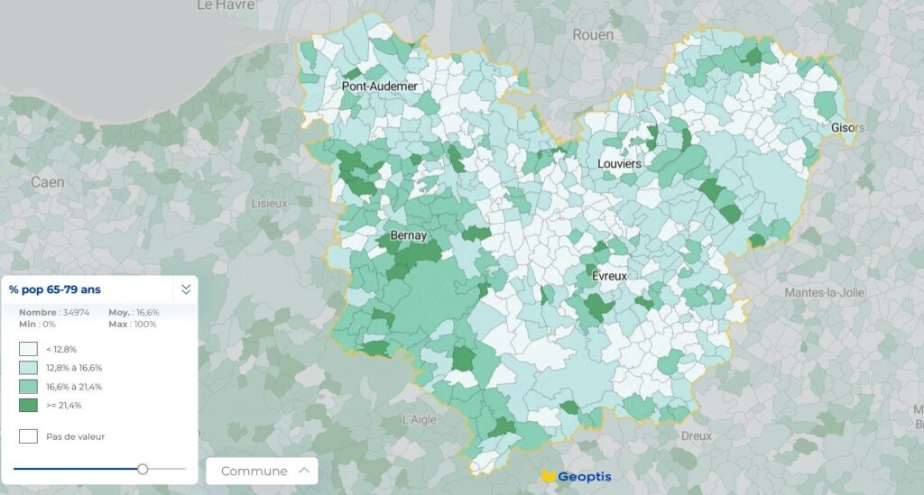 Répartition des seniors âgés de plus de 65 ans dans le département de l'Eure