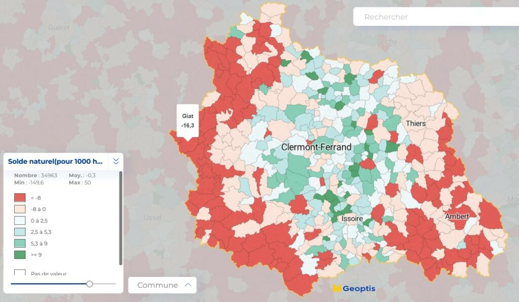 Carte du solde naturel par commune dans le département du Puy-de-Dome