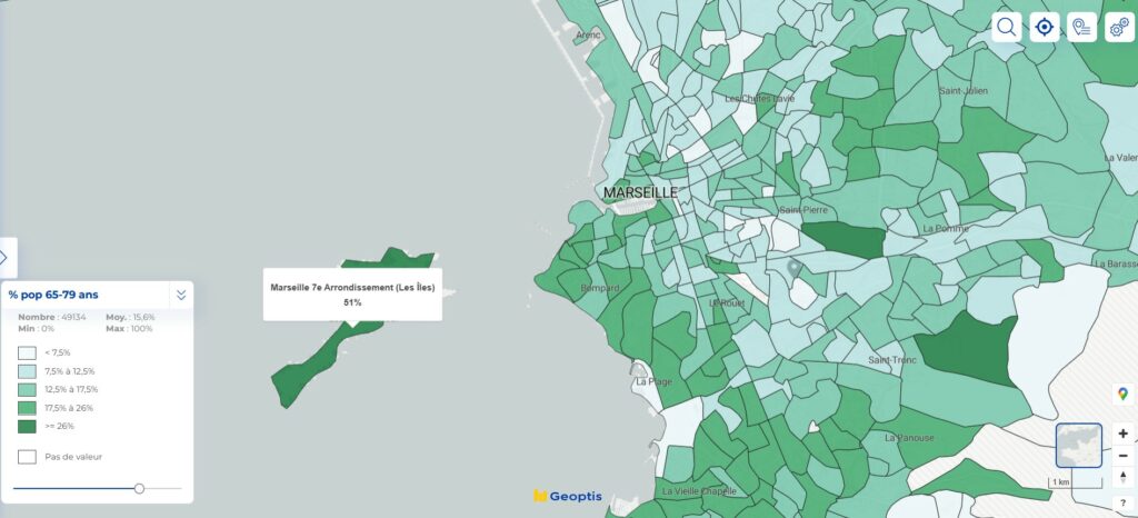 Répartition de la population âgée de 65 à 79 ans dans la région de Marseille