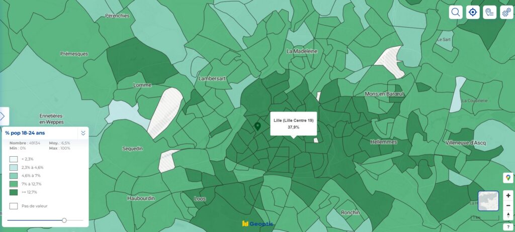 Répartition de la population âgée de 18 à 24 ans dans la région de Lille