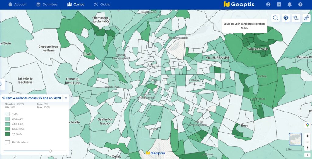 Répartition des familles de 4 enfants de moins de 25 ans