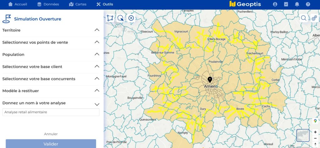 Zone de chalandise primaire à 15 minutes d'un hypermarché du centre d'Amiens