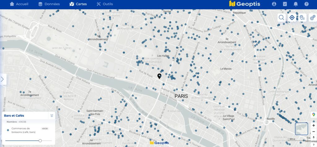 Implantation des bars et cafés dans le centre de Paris