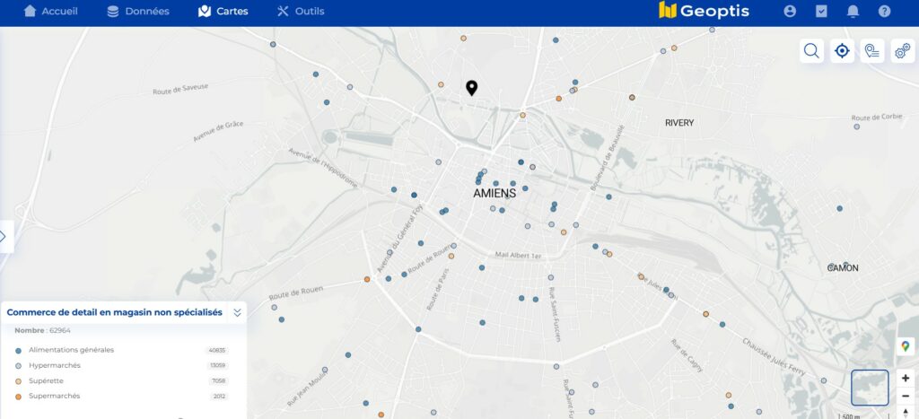 Répartition des magasins alimentaires à Amiens (Somme)