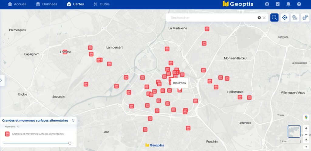 Localisation des grandes et moyennes surfaces alimentaires dans la région de Lille